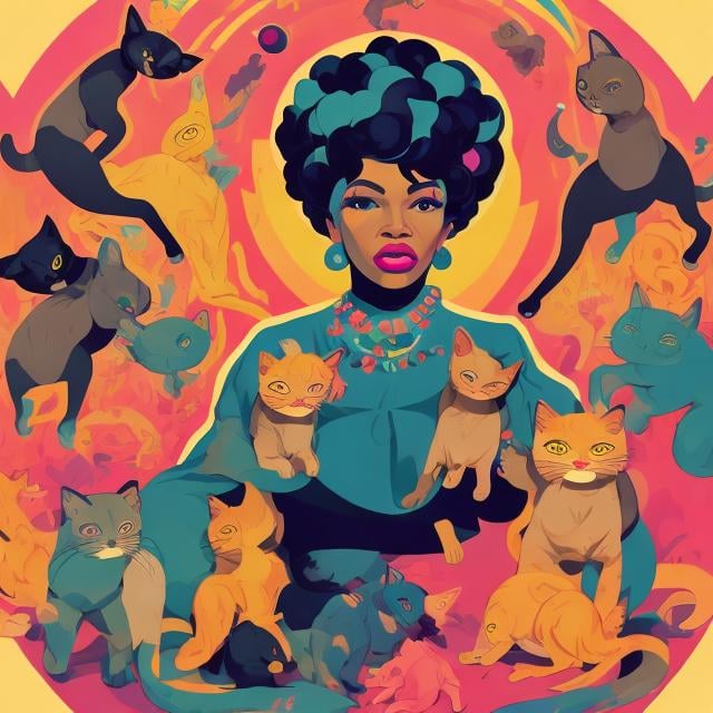 Prompt: Full color illustration, an older black woman with a bunch of cats, in the style of 60s kitsch and psychedelia, full body sharp lighting, highest quality, ultra sharp, ffffound, ultra detailed, magical universe, Dynamic pose, bright and uplifting color hues, misc-geometric