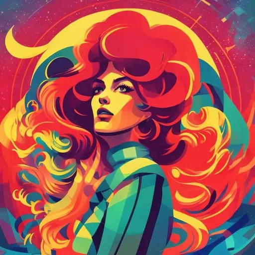 Prompt: Full color illustration, A red headed woman with well groomed big hair and scarf, in the style of 60s kitsch and psychedelia, full body, sharp lighting, highest quality, ultra sharp, ffffound, ultra detailed, magical universe, Dynamic pose, bright and uplifting color hues, misc-geometric