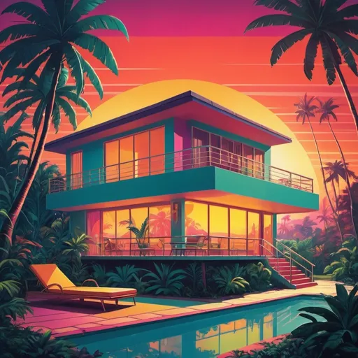 Prompt: Full color illustration, a tropical foreign private bungalow with an exotic sunset, in the style of 60s kitsch and psychedelia, sharp lighting, highest quality, ultra sharp, ffffound, ultra detailed, magical universe, Dynamic pose, bright and uplifting color hues, misc-geometric
