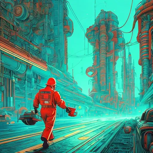 Prompt: retro futurism factory worker leaving towards home in style, Comic style, heavily detailed, concept art, unique universe, Primary color hues, magical world, well groomed hair, bright uplifting tones, dynamic lighting