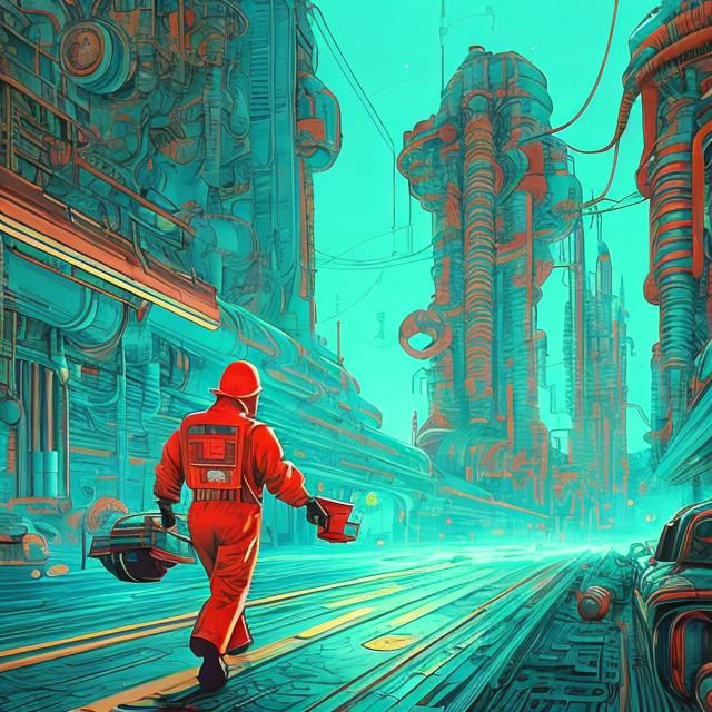 Prompt: retro futurism factory worker leaving towards home in style, Comic style, heavily detailed, concept art, unique universe, Primary color hues, magical world, well groomed hair, bright uplifting tones, dynamic lighting