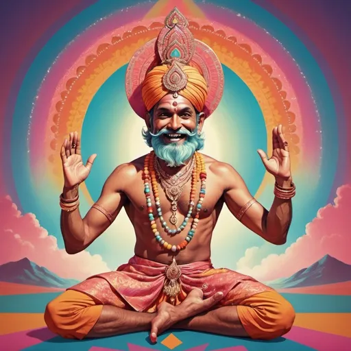 Prompt: Full color illustration, A hindu man happy, style of 60s kitsch and psychedelia, full body, sharp lighting, highest quality, ultra sharp, ffffound, ultra detailed, magical universe, Dynamic pose, bright and uplifting color hues, misc-geometric