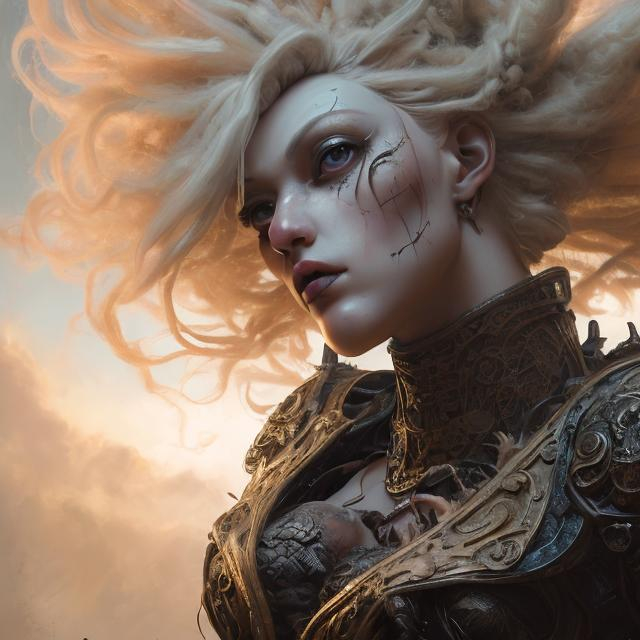 Prompt: A giant blonde wig towering above ontop of a womans head, heavily detailed hair, black eyes, dynamic pose, misc-goth, very detailed, elegant, ornate, ultra detailed, misc-grunge,  32k, fantasy art, Still-Life, Warm Color Palette,  Glowing, Rays of Shimmering Light, Moody Lighting