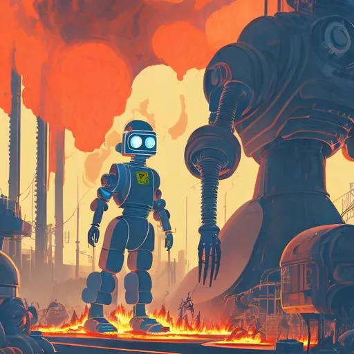 Prompt: retro futurism factory worker arriving to a burning robot, overhead view, Comic style, heavily detailed, concept art, unique universe, Primary color hues, magical world, well groomed hair, bright uplifting tones, dynamic lighting, geometric shapes
