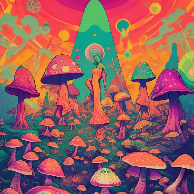 Prompt: Full color illustration, A group of multi cultural people in a field of giant psychedelic mushrooms, style of 60s kitsch and psychedelia, sharp lighting, highest quality, ultra sharp, ffffound, ultra detailed, magical universe, Dynamic pose, bright and uplifting color hues, misc-geometric