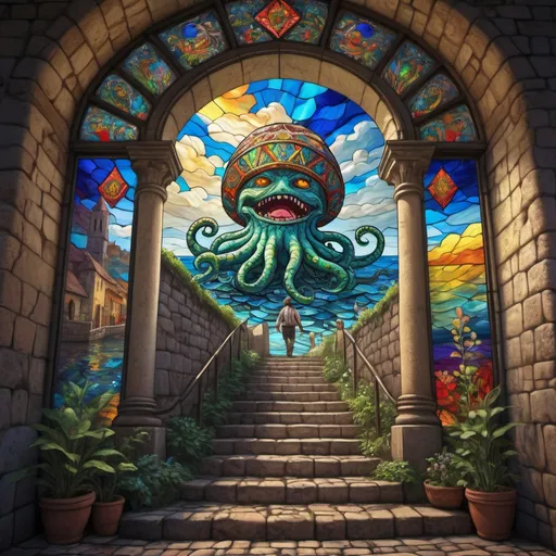 Prompt: stained glass, Monet style, an aztec resident chased by a kraken up cobblestone stairs, vibrant face, villagers around, dynamic pose,  ultra detailed, stained glass, 4 k, magical world, primary color hues, bright uplifting tones, dynamic lighting, misc-nostalgic, fluffy clouds, professional, ultra detailed