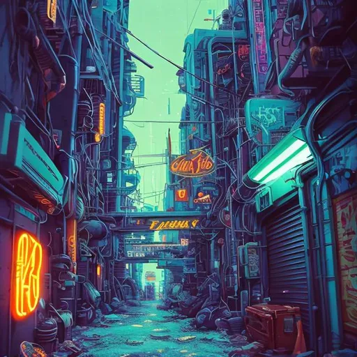 Prompt: Retro futurism styled city alley way, retro-futurism world, Comic style, misc-grunge, heavily detailed, unique universe, concept art, primary color hues, magical world, bright uplifting tones, dynamic lighting, professional, highres, ultra-detailed, retro-futurism, comic style, dynamic lighting, unique concept, misc-grunge, detailed feathers, atmospheric clouds, urban setting