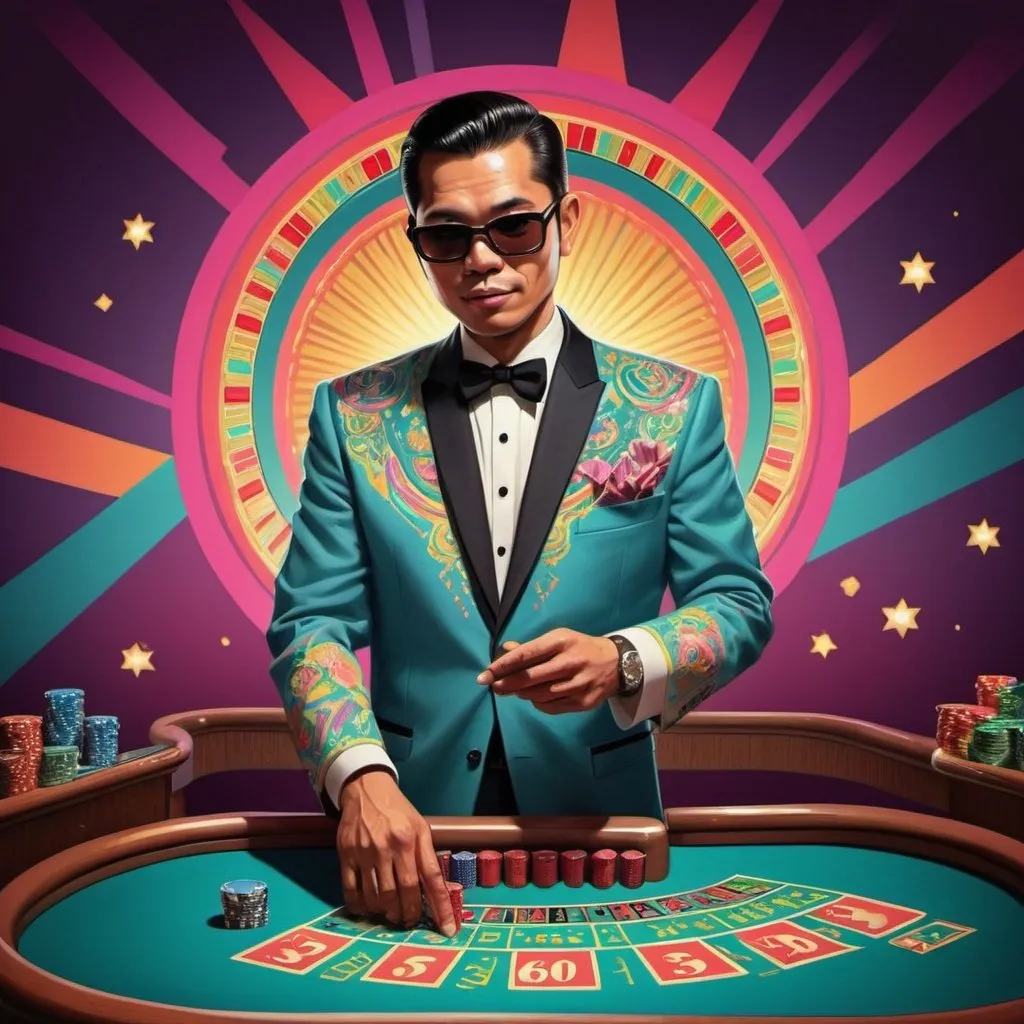 Prompt: Full color illustration, An filipino casino dealer, in the style of 60s kitsch and psychedelia, sharp lighting, highest quality, ultra sharp, ffffound, ultra detailed, magical universe, Dynamic pose, bright and uplifting color hues, misc-geometric