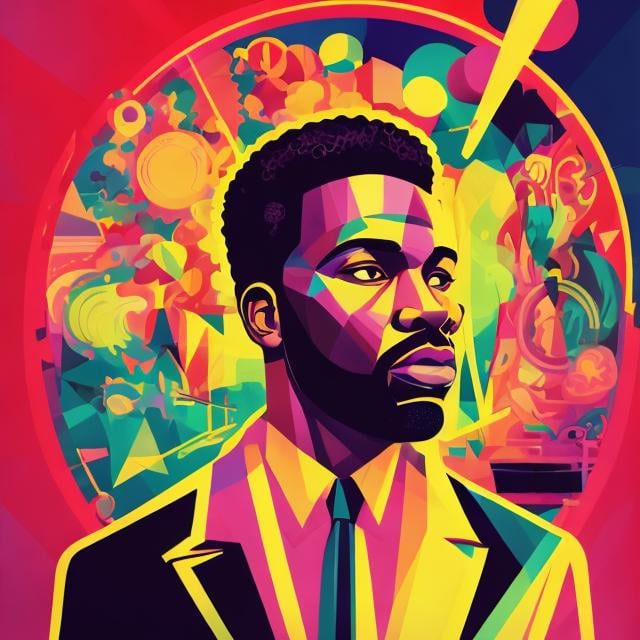 Prompt: Full color illustration, A black man with blonde well groomed hair, in the style of 60s kitsch and psychedelia, sharp lighting, highest quality, ultra sharp, ffffound, ultra detailed, magical universe, Dynamic pose, bright and uplifting color hues, misc-geometric