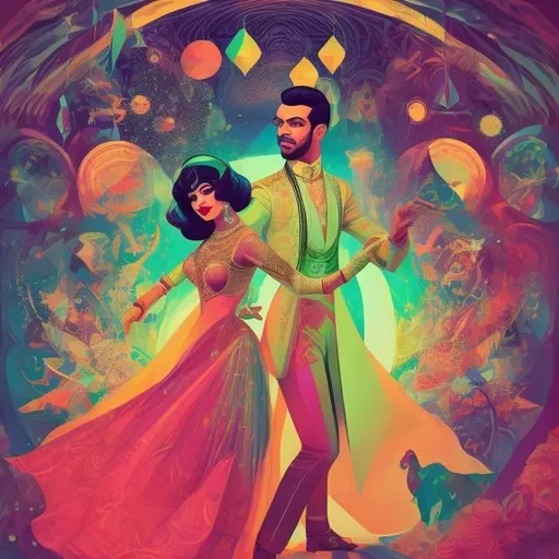 Prompt: Full color illustration, A persian couple in ballroom outfits, style of 60s kitsch and psychedelia, full body, sharp lighting, highest quality, ultra sharp, ffffound, ultra detailed, magical universe, Dynamic pose, bright and uplifting color hues, misc-geometric