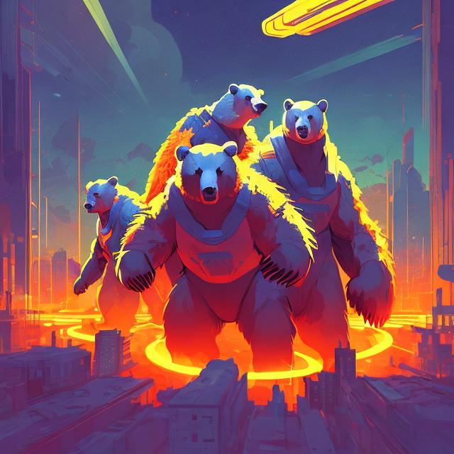 Prompt: retro futurism styled bears clawing at buildings, behind the shoulder view, dynamic pose, spotlights panning from above onto the scene, Comic style, heavily detailed, concept art, unique universe, Primary color hues, magical world, bright uplifting tones, dynamic lighting
