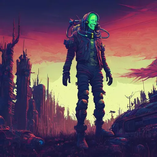 Prompt: Retro futurism styled Zombie living in the earth, heavily detailed, unique universe, concept art, primary color hues, magical world, bright uplifting tones, dynamic lighting, professional, highres, ultra-detailed, retro-futurism, comic style, dynamic lighting, unique concept, misc-grunge, detailed feathers, atmospheric clouds, urban setting