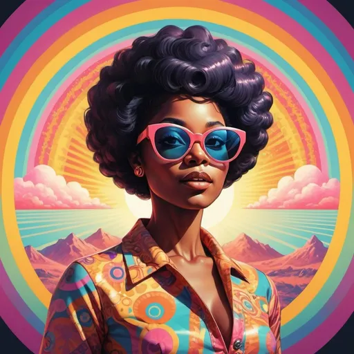 Prompt: Full color illustration, A black woman with nerdy sun glasses, in the style of 60s kitsch and psychedelia, full body sharp lighting, highest quality, ultra sharp, ffffound, ultra detailed, magical universe, Dynamic pose, bright and uplifting color hues, misc-geometric