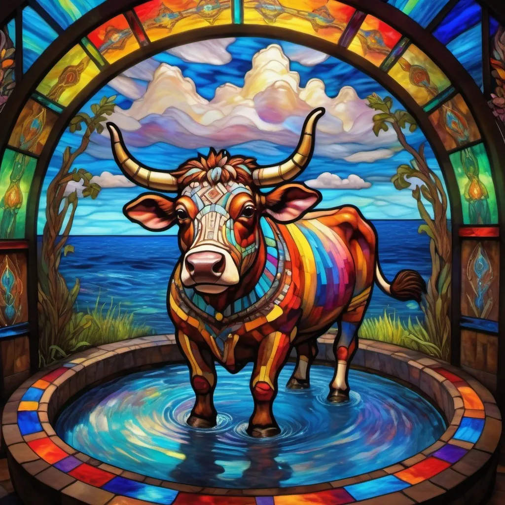 Prompt: Monet style painting of an aztec sacred cow levitating above a whirlpool, villagers gather around it, dynamic pose, ultra detailed, magical world, primary color hues, bright uplifting tones, dynamic lighting, misc-nostalgic, monet styled, fluffy clouds, professional, ultra detailed