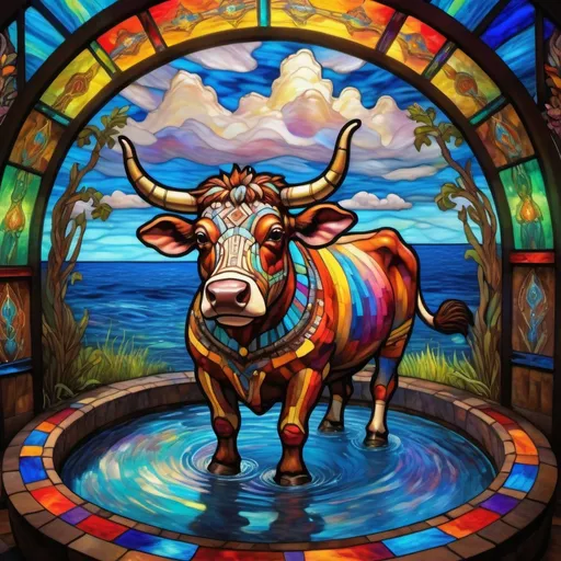 Prompt: Monet style painting of an aztec sacred cow levitating above a whirlpool, villagers gather around it, dynamic pose, ultra detailed, magical world, primary color hues, bright uplifting tones, dynamic lighting, misc-nostalgic, monet styled, fluffy clouds, professional, ultra detailed