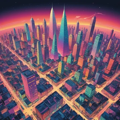 Prompt: Full color illustration, a mega city from an aerial view, in the style of 60s kitsch and psychedelia, sharp lighting, highest quality, ultra sharp, ffffound, ultra detailed, magical universe, Dynamic pose, bright and uplifting color hues, misc-geometric