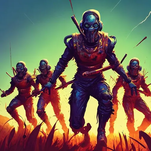 Prompt: retro futurism styled zombie marching through farmland, dynamic pose, Comic style, heavily detailed, concept art, unique universe, bathed in sunlight, Primary color hues, magical world, bright uplifting tones, dynamic lighting