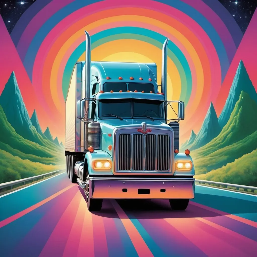 Prompt: Full color illustration, a 18 wheeler truck cruising down the road, in the style of 60s kitsch and psychedelia, sharp lighting, highest quality, ultra sharp, ffffound, ultra detailed, magical universe, Dynamic pose, bright and uplifting color hues, misc-geometric