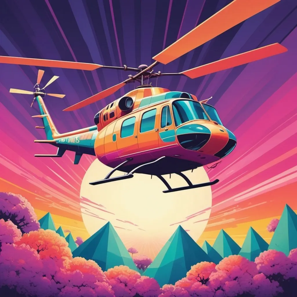 Prompt: Full color illustration, a news helicopter flying above, in the style of 60s kitsch and psychedelia, sharp lighting, highest quality, ultra sharp, ffffound, ultra detailed, magical universe, Dynamic pose, bright and uplifting color hues, misc-geometric