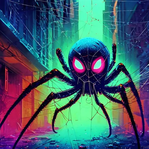 Prompt: retro futurism stlyled spider weaving its web in a darkened alley, dynamic pose, Comic style, heavily detailed, concept art, unique universe, Primary color hues, magical world, bright uplifting tones, dynamic lighting, 
