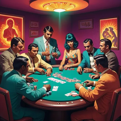 Prompt: Full color illustration, A group of multi cultural people trading at a poker table, style of 60s kitsch and psychedelia, sharp lighting, highest quality, ultra sharp, ffffound, ultra detailed, magical universe, Dynamic pose, bright and uplifting color hues, misc-vivid