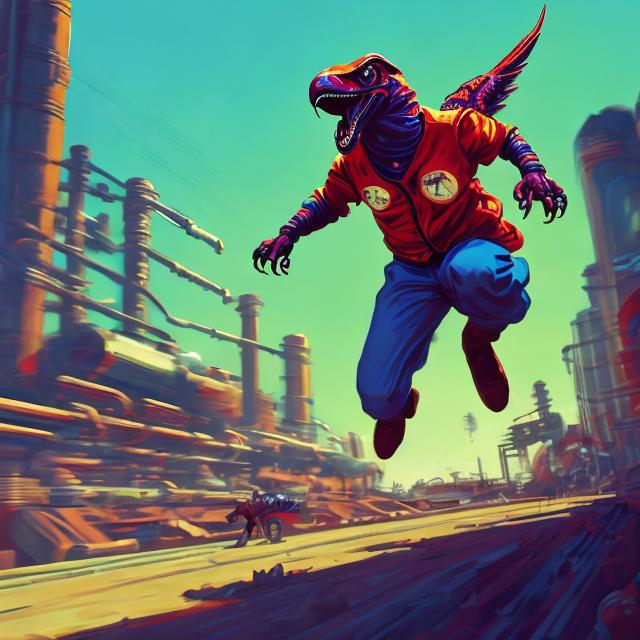 Prompt: retro futurism styled factory worker riding a raptor in a baseball field, dynamic pose, Comic style, heavily detailed, concept art, unique universe, Primary color hues, magical world, bright uplifting tones, dynamic lighting