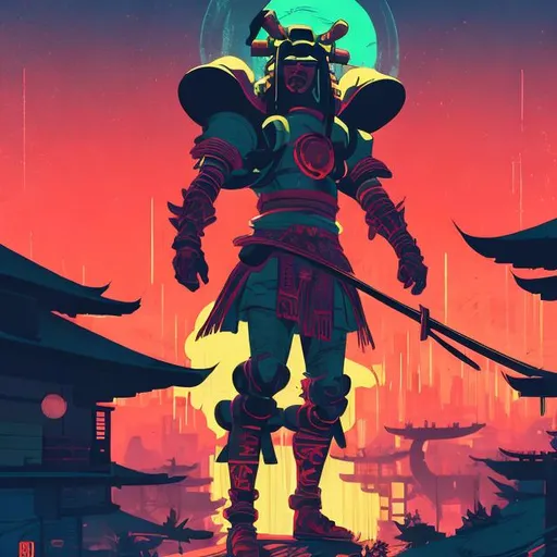 Prompt: Retro futurism styled samurai master and fallen enemies, retro-futurism world, Comic style, misc-grunge, heavily detailed, unique universe, concept art, primary color hues, magical world, bright uplifting tones, dynamic lighting, professional, highres, ultra-detailed, retro-futurism, comic style, dynamic lighting, unique concept, misc-grunge, detailed feathers, atmospheric clouds, urban setting