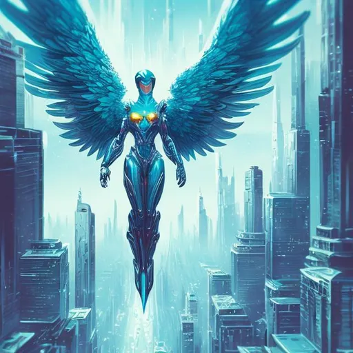 Prompt: retro futurism styled angels flying around skyscrapers, behind the shoulder view, dynamic pose, heavy blizzard, Comic style, heavily detailed, concept art, unique universe, Primary color hues, magical world, bright uplifting tones, dynamic lighting
