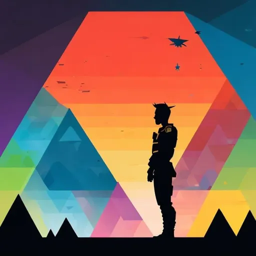 Prompt: Full color illustration, a silhouette of a government agent outside of a giant warehouse, full body, sharp lighting, highest quality, ultra sharp, ffffound, ultra detailed, magical universe, Dynamic pose, bright and uplifting color hues, misc-geometric