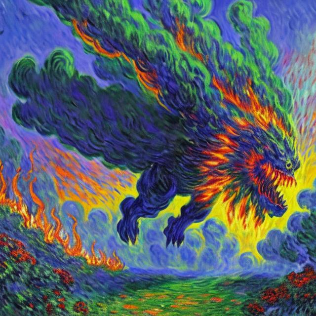 Prompt: Monet-style painting of a dynamic aztec resident breathing fire into a big tree, magical world, bright and uplifting primary color hues, fluffy clouds, dynamic lighting, ultra-detailed, professional, misc-nostalgic, Monet-styled