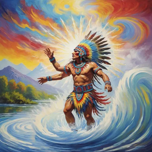 Prompt: Monet-style painting of a dynamic aztec sacred spirit coming out of a whirlpool, magical world, bright and uplifting primary color hues, fluffy clouds, dynamic lighting, ultra-detailed, professional, misc-nostalgic, Monet-styled