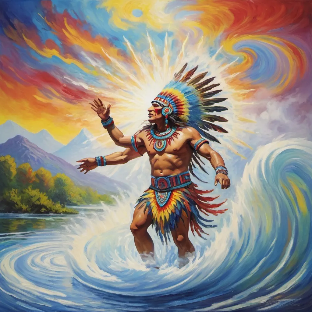 Prompt: Monet-style painting of a dynamic aztec sacred spirit coming out of a whirlpool, magical world, bright and uplifting primary color hues, fluffy clouds, dynamic lighting, ultra-detailed, professional, misc-nostalgic, Monet-styled