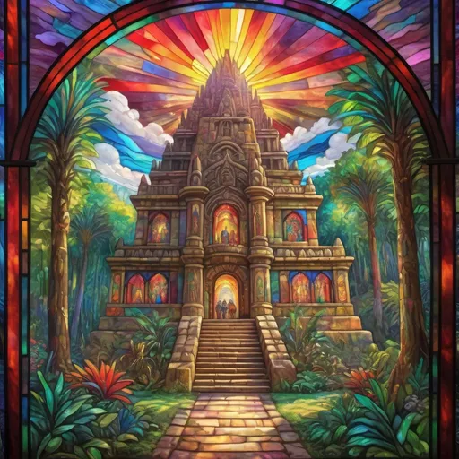 Prompt: Monet style painting of an aztec styled temple surrounded by a lush forest, villagers gather around it, ultra detailed, magical world, primary color hues, bright uplifting tones, dynamic lighting, misc-nostalgic, monet styled, fluffy clouds, professional, ultra detailed