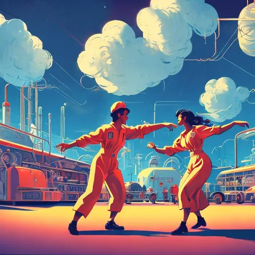 Prompt: retro futurism factory worker dancing with a woman to the sounds coming from a food truck, Comic style, heavily detailed, concept art, unique universe, Primary color hues, magical world, fluffy clouds, bright uplifting tones, dynamic lighting