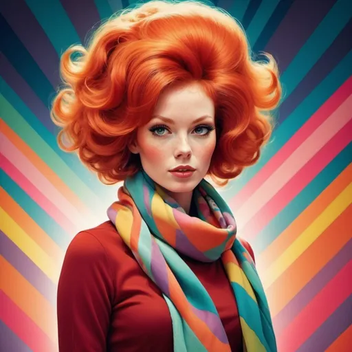 Prompt: Full color illustration, A red headed woman with well groomed big hair and scarf, in the style of 60s kitsch and psychedelia, full body, sharp lighting, highest quality, ultra sharp, ffffound, ultra detailed, magical universe, Dynamic pose, bright and uplifting color hues, misc-geometric
