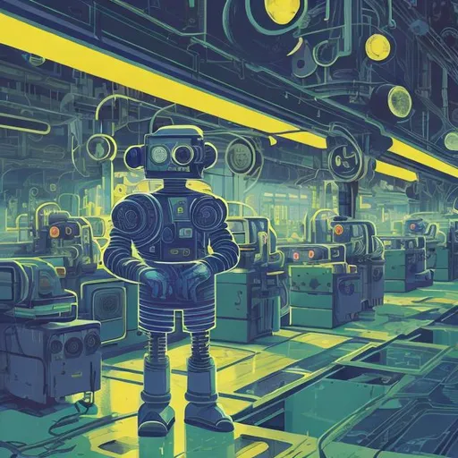 Prompt: Retro futurism styled robot factory worker, digital factory, retro-futurism factory interior, Comic style, misc-grunge, heavily detailed, unique universe, concept art, primary color hues, magical world, bright uplifting tones, dynamic lighting, professional, highres, ultra-detailed, retro-futurism, comic style, dynamic lighting, unique concept, misc-grunge, detailed feathers, atmospheric clouds, urban setting