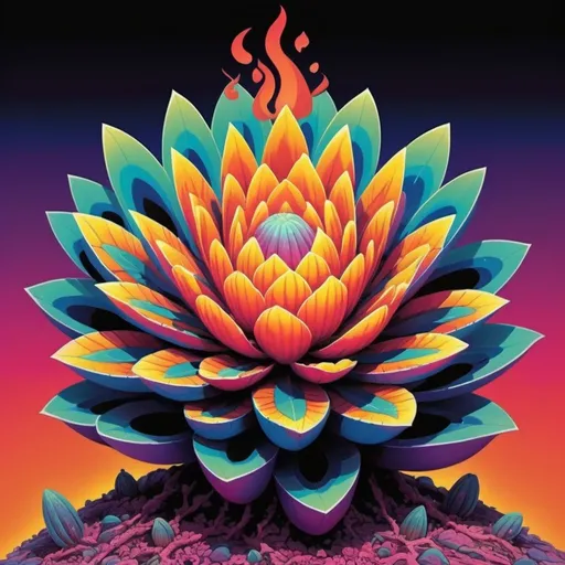 Prompt: Full color illustration, A psychedelic fire peyote plant, in the style of 60s kitsch and psychedelia, full body, sharp lighting, highest quality, ultra sharp, ffffound, ultra detailed, magical universe, Dynamic pose, bright and uplifting color hues, misc-geometric