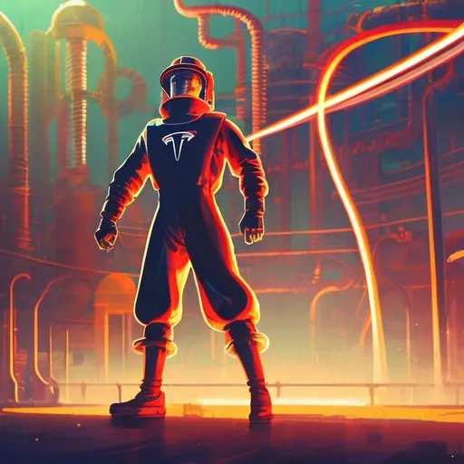 Prompt: retro futurism factory worker looking at a tesla coil, dynamic pose, Comic style, heavily detailed, concept art, unique universe, bathed in sunlight, Primary color hues, magical world, bright uplifting tones, dynamic lighting