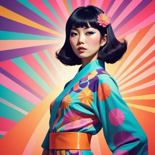 Prompt: Full color illustration, A japanese woman with a high fashion look in the style of 60s kitsch and psychedelia, full body, sharp lighting, highest quality, ultra sharp, ffffound, ultra detailed, magical universe, Dynamic pose, bright and uplifting color hues, misc-geometric