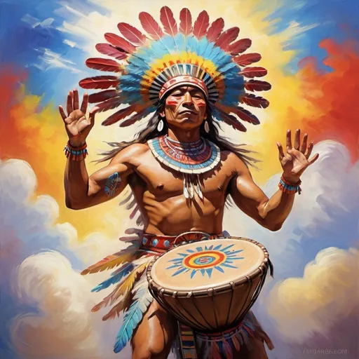 Prompt: Monet-style painting of a dynamic aztec sacred spirit playing a hand drum, dynamic pose, magical world, bright and uplifting primary color hues, fluffy clouds, dynamic lighting, ultra-detailed, professional, misc-nostalgic, Monet-styled