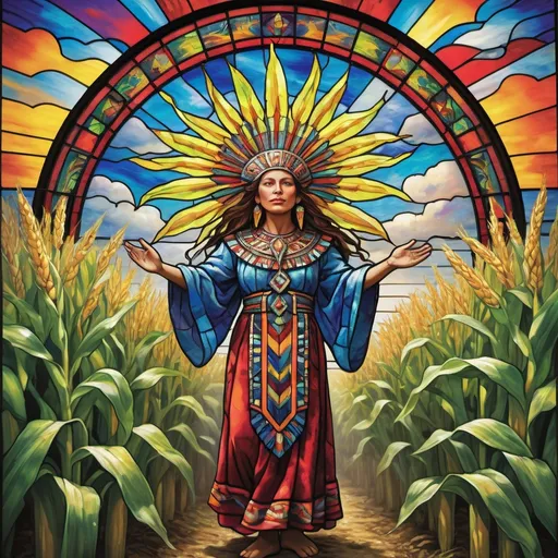 Prompt: Monet-style, stained glass, dynamic aztec sacred spirit coming out of a corn field, dynamic pose, magical world, stained glass,  bright and uplifting primary color hues, fluffy clouds, dynamic lighting, ultra-detailed, professional, misc-nostalgic, Monet-styled