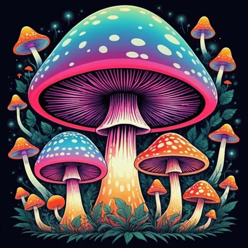 Prompt: Full color illustration, A psychedelic colorful mushroom, in the style of 60s kitsch and psychedelia, full body, sharp lighting, highest quality, ultra sharp, ffffound, ultra detailed, magical universe, Dynamic pose, bright and uplifting color hues, misc-geometric