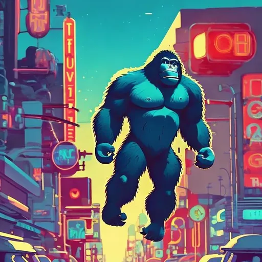 Prompt: retro futurism styled gorilla swinging from light fixtures on a busy street, dynamic pose, Comic style, heavily detailed, concept art, unique universe, Primary color hues, magical world, bright uplifting tones, dynamic lighting, 
