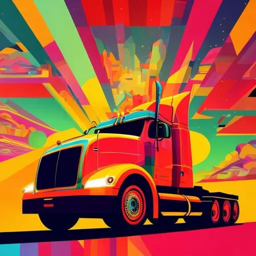 Prompt: Full color illustration, a 18 wheeler truck, in the style of 60s kitsch and psychedelia, sharp lighting, highest quality, ultra sharp, ffffound, ultra detailed, magical universe, Dynamic pose, bright and uplifting color hues, misc-geometric