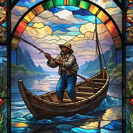 Prompt: stained glass, Monet style, an aztec fisherman reeling in a leviathan from a river, vibrant face, villagers around, dynamic pose,  ultra detailed, stained glass, 4 k, magical world, primary color hues, bright uplifting tones, dynamic lighting, misc-nostalgic, fluffy clouds, professional, ultra detailed