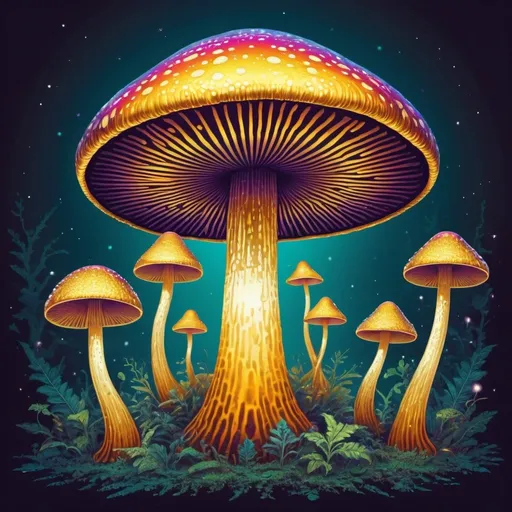 Prompt: Full color illustration, A psychedelic golden mushroom, in the style of 60s kitsch and psychedelia, full body, sharp lighting, highest quality, ultra sharp, ffffound, ultra detailed, magical universe, Dynamic pose, bright and uplifting color hues, misc-geometric