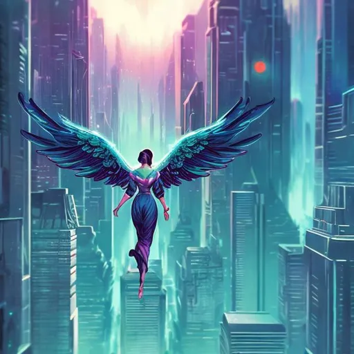 Prompt: retro futurism styled angels flying around skyscrapers, behind the shoulder view, dynamic pose, Comic style, heavily detailed, concept art, unique universe, Primary color hues, magical world, bright uplifting tones, dynamic lighting, night time
