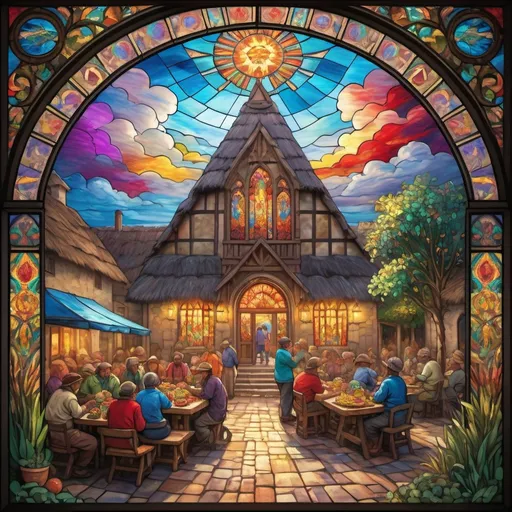 Prompt: stained glass, Monet style, an aztec bountiful feast in a village square, vibrant face, villagers around, dynamic pose,  ultra detailed, stained glass, 4 k, magical world, primary color hues, bright uplifting tones, dynamic lighting, misc-nostalgic, fluffy clouds, professional, ultra detailed