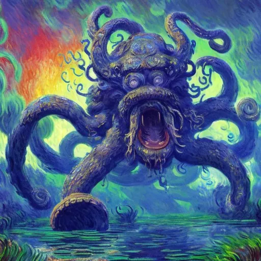 Prompt: Monet style painting of an aztec kraken splashing in a farmland stream, dynamic pose, ultra detailed, magical world, primary color hues, bright uplifting tones, dynamic lighting, misc-nostalgic, monet styled, fluffy clouds, professional, ultra detailed