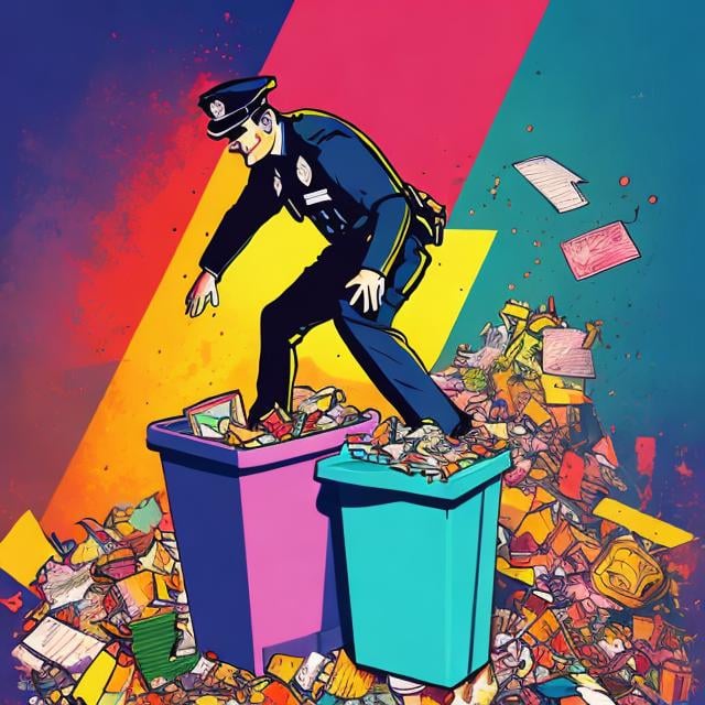 Prompt: Full color illustration, a police officer falling into a trash can, in the style of 60s kitsch and psychedelia, sharp lighting, highest quality, ultra sharp, ffffound, ultra detailed, magical universe, Dynamic pose, bright and uplifting color hues, misc-geometric